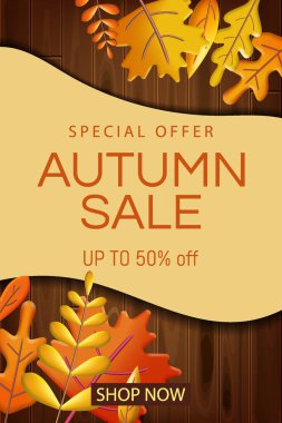 Sonbahar indirimi, 3 boyutlu arka plan, sarı turuncu yapraklı. 3D yapraklar sonbahar posteri, eski ahşap arka plan vektör kartı reklam, broşür, kapak, illüstrasyon için