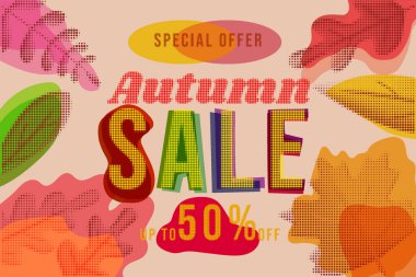 Autumn Sale glued paper with wrinkles effect riso, halftone, banner colorful leaves background sticker. Template modern Fall sale banner for advertising. Vector illustration clipart