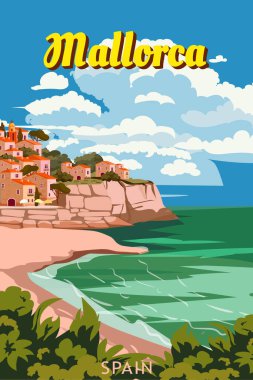 Mallorca İspanya 'nın klasik seyahat posteri, tropik tatil beldesi, eski mimari denizi, gün batımı. Yaz tatili kartı retro vektör çizimi
