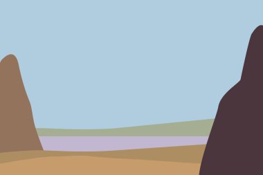 Asgari soyut manzara dağ denizi, minimum düz stil. Arkaplan pankartı pastel boho, vektör, illüstrasyon