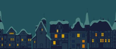 Noel gecesi kasabası yatay, pürüzsüz bir düzen. Avrupa kır evleri ve mimarisi, Karlı çatı, gece kışları. Vektör çizgi film biçimi illüstrasyonu