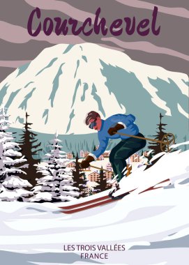 Vintage Travel poster Ski Courchevel tatil köyü. Fransa 'da kış manzarası, kar dağında kayakçı, retro. Vektör illüstrasyonu