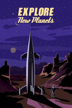 Yeni bir gezegen, yabancı gezegenler, dağ manzarası keşfetmek. Geçmişe dönük poster, bilim kurgu uzay keşfi, vektör illüstrasyonu izole