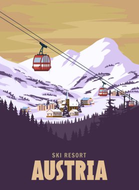 Avusturya Kayak Tesisi posteri, retro. Alpes Winter seyahat kartı, kırmızı teleferik, klasik. Vektör illüstrasyonu