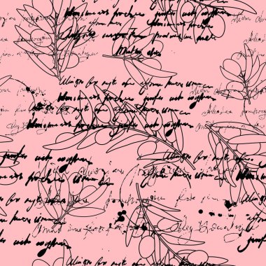 Okunamayan metinler, dikişsiz zeytin dalı, antika. Duvar kağıdı, tekstil, ambalaj, hatıra defteri için vektör illüstrasyon arkaplanı