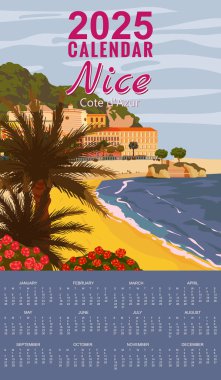 Aylık Takvim 2025 Güzel Fransız Riviera kıyı posterleri. Tatil köyü, sahil, deniz, palmiyeler, sahil. Retro biçim illüstrasyon vektörü izole edildi