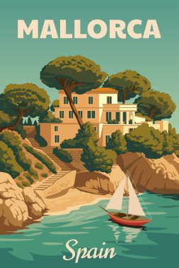 Mallorca İspanya klasik seyahat posteri, tropik tatil köyü, villa, günbatımı. Yaz tatili kartı retro vektör çizimi