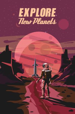 Uzay Roketi ve yabancı gezegenler, dağ manzarası. Geçmişe dönük poster, bilim kurgu uzay keşfi, vektör illüstrasyonu izole