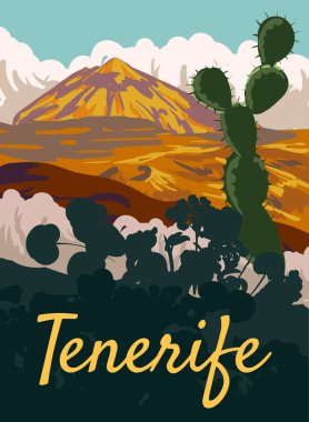Travel Retro Poster Tenerife, Teide volkanı, çiçekler, kaktüs manzarası. Vintage kartpostal Kanarya Adaları, İspanya, vektör illüstrasyonu izole