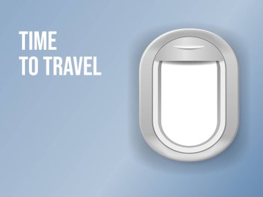 Seyahat zamanı, uçak penceresi penceresi manzarası, şablon. Vektör illüstrasyon afiş arkaplanı