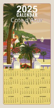 Calendar Monthly 2025 Cote de l azur French Riviera sahil poster klasiği. Resort, French Riviera Güzel sahil posterleri. Tatil köyü, sahil, deniz, sahil. Retro biçim illüstrasyon vektörü izole edildi