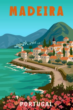 Madeira klasik seyahat posteri Portekiz, tatil köyü, eski mimari okyanus, gün batımı. Yaz tatili kartı retro vektör çizimi