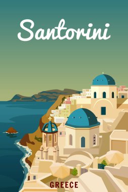 Poster gezisi Yunanistan Santorini, Girit beyaz binaları mavi çatılar, kilise, poster, eski Akdeniz Avrupa kültürü ve mimarisi. Klasik biçim vektör illüstrasyonu