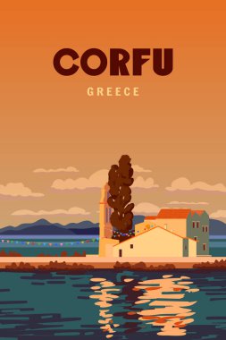 Poster Gezisi Yunanistan adası Korfu Vlacherna Manastırı, Kanoni Limanı, kart, eski Akdeniz Avrupa kültürü ve mimarisi. Klasik biçim vektör illüstrasyonu