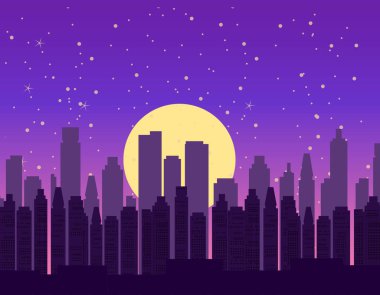 Gece kenti afişi, parlak ve ışıl ışıl Ay 'lı şehir manzarası. Vektör illüstrasyonu