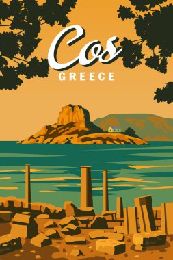 Yunanistan 'ın eski Akdeniz Avrupa kültürü ve mimarisi, seyahat posteri Cos. Klasik biçim vektör illüstrasyonu