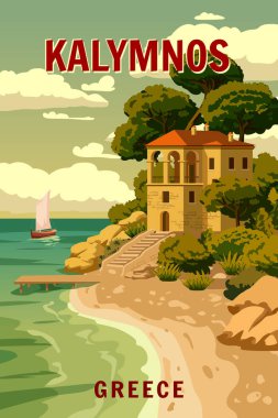 Poster Gezisi Yunanistan adası Kalymnos, villa, eski Akdeniz Avrupa kültürü ve mimarisi. Klasik biçim vektör illüstrasyonu