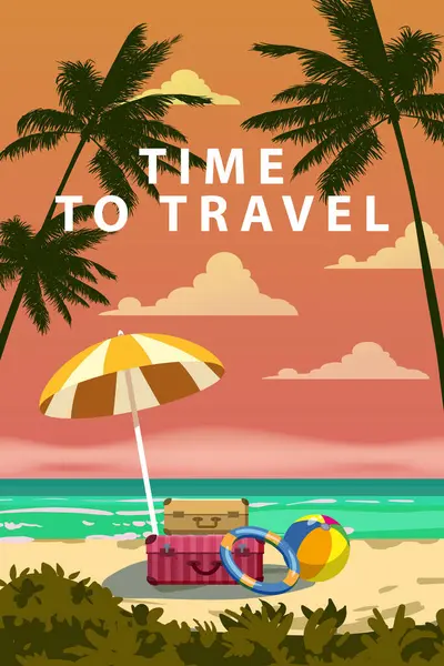 Bavul, şemsiye ve baloyla yaz tatili posteri hazırlama zamanı. Tropik deniz kıyısı, palmiyeler, deniz, okyanus. Vektör illüstrasyon retro çizgi film biçimi izole edildi
