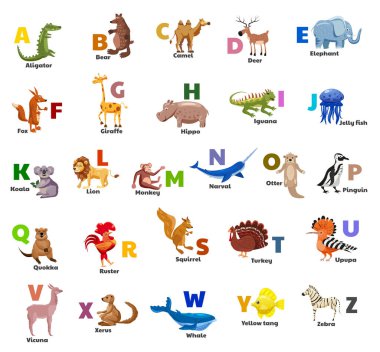 Hayvan alfabesi koleksiyonu. Komik yazı tipi el yazısı çeşitli hayvan karakterleri çizmiş. Vektör çizimi izole edildi