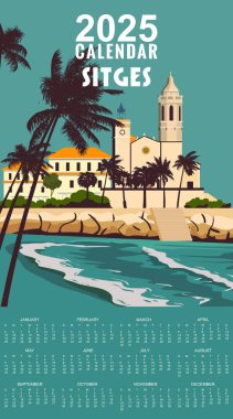 Aylık 2025 Takvim Sitges İspanya 'nın seyahat posteri, tropik tatil köyü manzarası, dağ, deniz, vintage. Yaz tatili kartı retro vektör çizimi