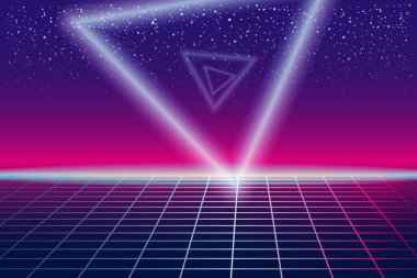 Sentetik retro pankart buhar dalgası estetik arka planı. Piramitler ızgarası 3d, günbatımı 80 s retrowave