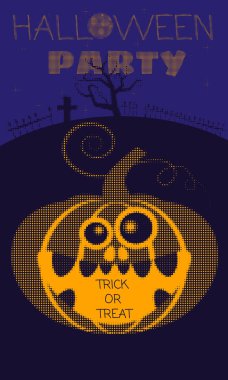 Cadılar Bayramı partisi posteri korkunç balkabağı, mezar. Yarı tonlu, riso efektli, Jack o fener. Vektör illüstrasyon arkaplan şablonu