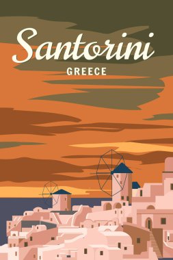 Poster Gezisi Yunanistan Santorini, eski Oia köyü yel değirmenleri, eski Akdeniz Avrupa kültürü ve mimarisi. Klasik biçim vektör illüstrasyonu