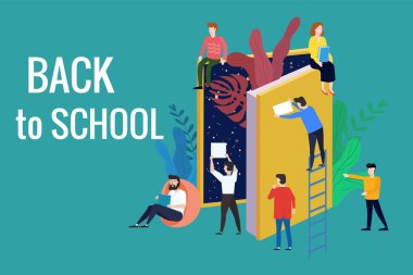 Okula geri dön, öğrencilerin durduğu açık bir kitap aç ve bilgi kitabını aç, mavi arka plan. Vektör illüstrasyon okulu şablon afişi