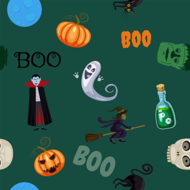 Cadılar Bayramı kusursuz. Vampir, hayalet, balkabağı, örümcek, kafatası, kara kedi, arka plan çizimi