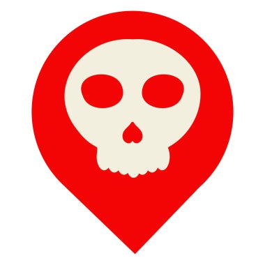 Beyaz arkaplanda izole edilmiş kafatası simgesine sahip konum iğnesi