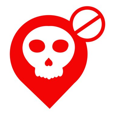 Beyaz arkaplanda izole edilmiş kafatası simgesine sahip konum iğnesi