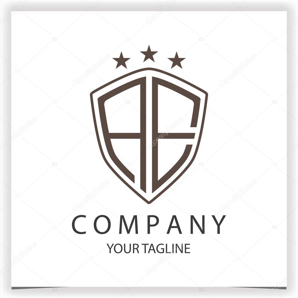 AE Logo monogram with shield shape isolated black colors on outline design template premium elegant template vector eps 10