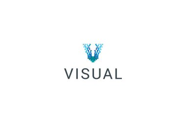 V harfi teknolojik piksel bozulma veri güvenliği sanal logosu