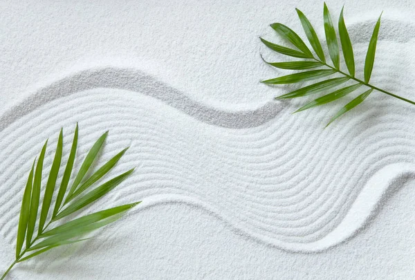 Zen pattern in white sand with palm leaves