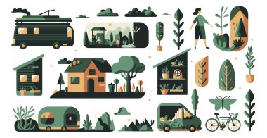 Uygulamalar veya web sayfaları için uygun evler, bitkiler ve araçlar gibi çevre dostu ikonların bir derlemesi.