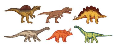 Uygulamalar veya web sayfaları için uygun çeşitli dinozor simgelerini içeren vektör illüstrasyonu.