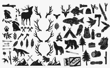Çeşitli orman hayvanlarının ve kuşların resimli siyah siluetleri..