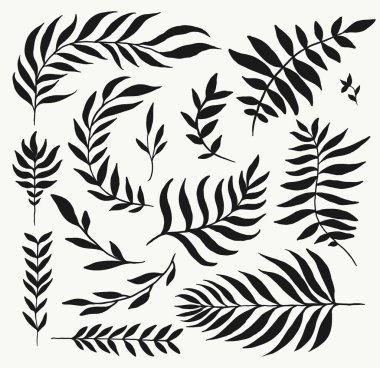 Çeşitli yaprak ve dallardan oluşan resimli siyah siluetler..