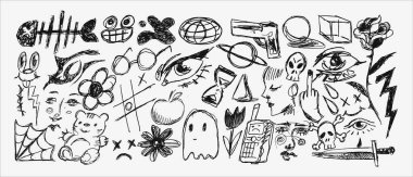 Çeşitli siyah beyaz resimli karalamalar ve çizimler..