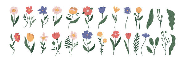 A colorful flat design illustration set of minimalist flowers, suitable for apps or web pages.