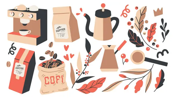 Uygulamalar veya web sayfaları için uygun çeşitli kahve simgeleriyle renkli bir düz tasarım çizimi.