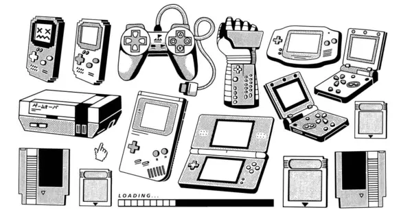 Uygulamalar veya web sayfaları için uygun video oyun konsollarının ayrıntılı siyah ve beyaz resimleme seti.