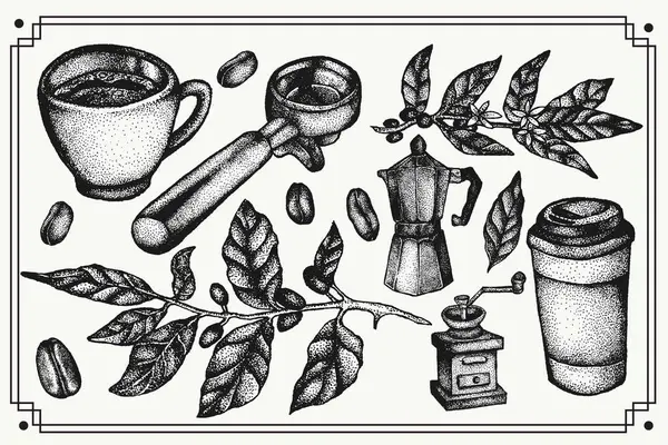 Dekoratif çerçeveli klasik bir illüstrasyon. Kahveyle ilgili çeşitli öğeleri ayrıntılı bir şekilde gösteriyor..