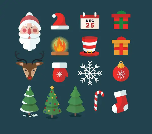 Uygulamalar veya web sayfaları için uygun Noel simgeleriyle renkli bir düz tasarım çizimi.