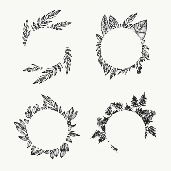 Dört farklı yapraklı çiçek çerçevesi ve çelenk seti..