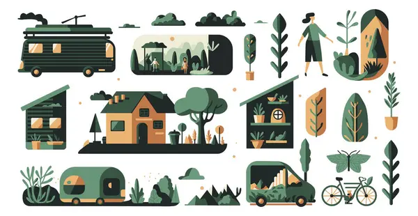 Uygulamalar veya web sayfaları için uygun evler, bitkiler ve araçlar gibi çevre dostu ikonların bir derlemesi.