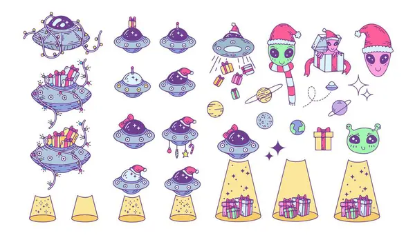 Uygulamalar veya web sayfaları için simge olarak uygun, hediye ve gezegenli Noel uzaylıları ve UFO 'ların eğlenceli bir gösterimi.