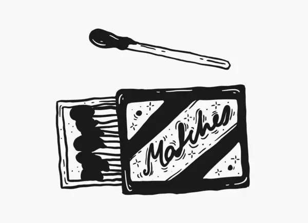 Uygulamalar veya web sayfaları için simge olarak uygun, kibrit kutusu ve tek bir kibrit çöpünün monokrom çizimi.