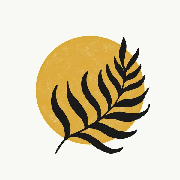Sarı bir güneşin önündeki siyah eğrelti otu yaprağının soyut bir çizimi.