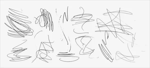 Soyut karalamaların 12 adet siyah beyaz çizgi çizimi.